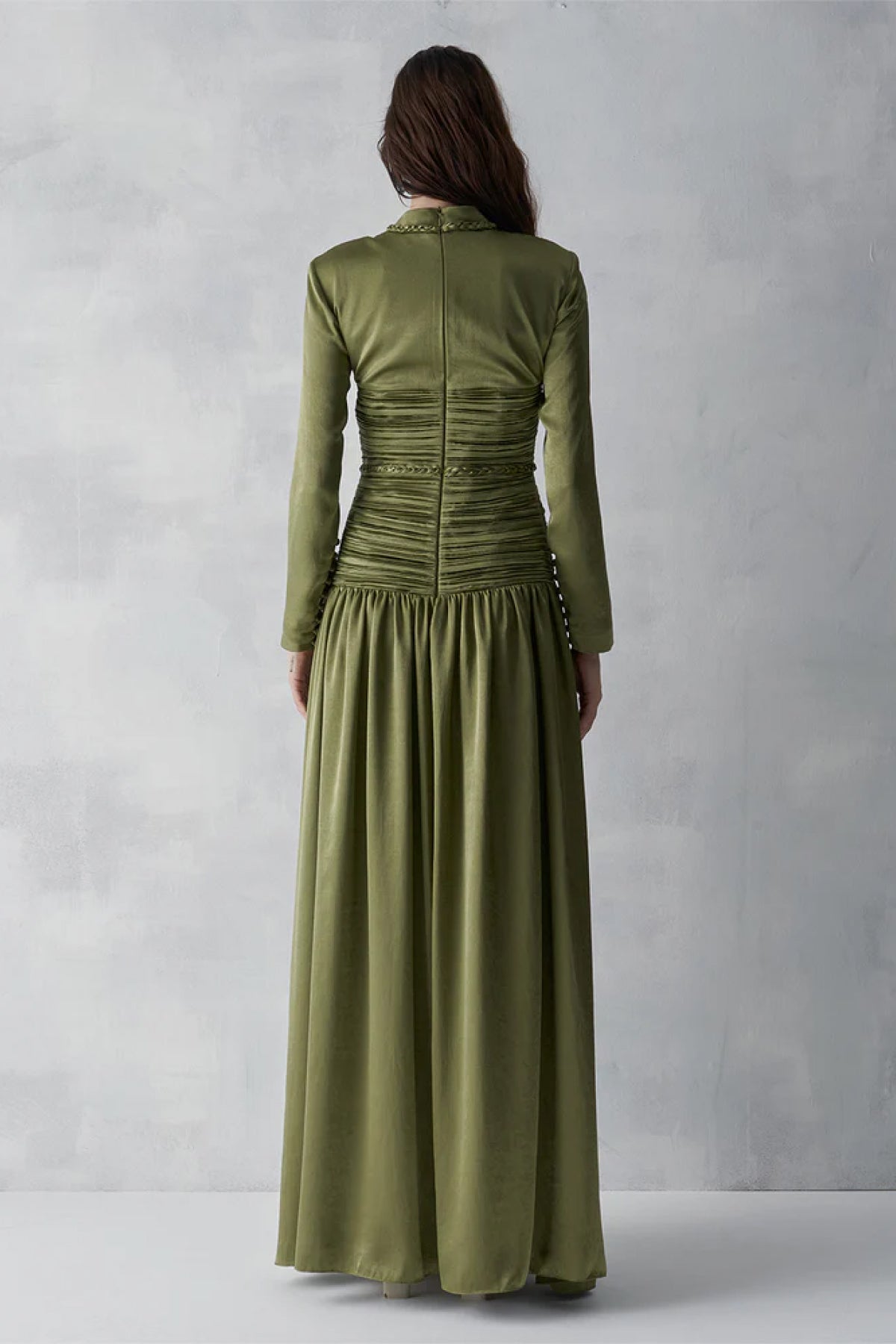 Beli Drapeli Büzgülü Uzun Abiye Elbise