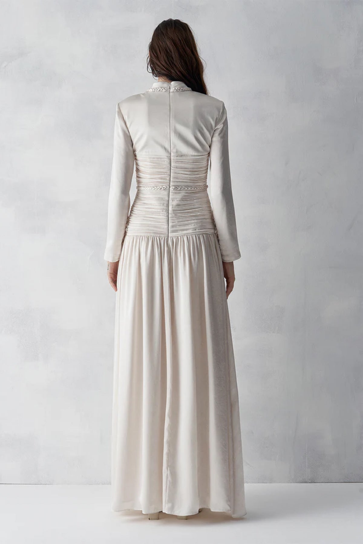 Beli Drapeli Büzgülü Uzun Abiye Elbise