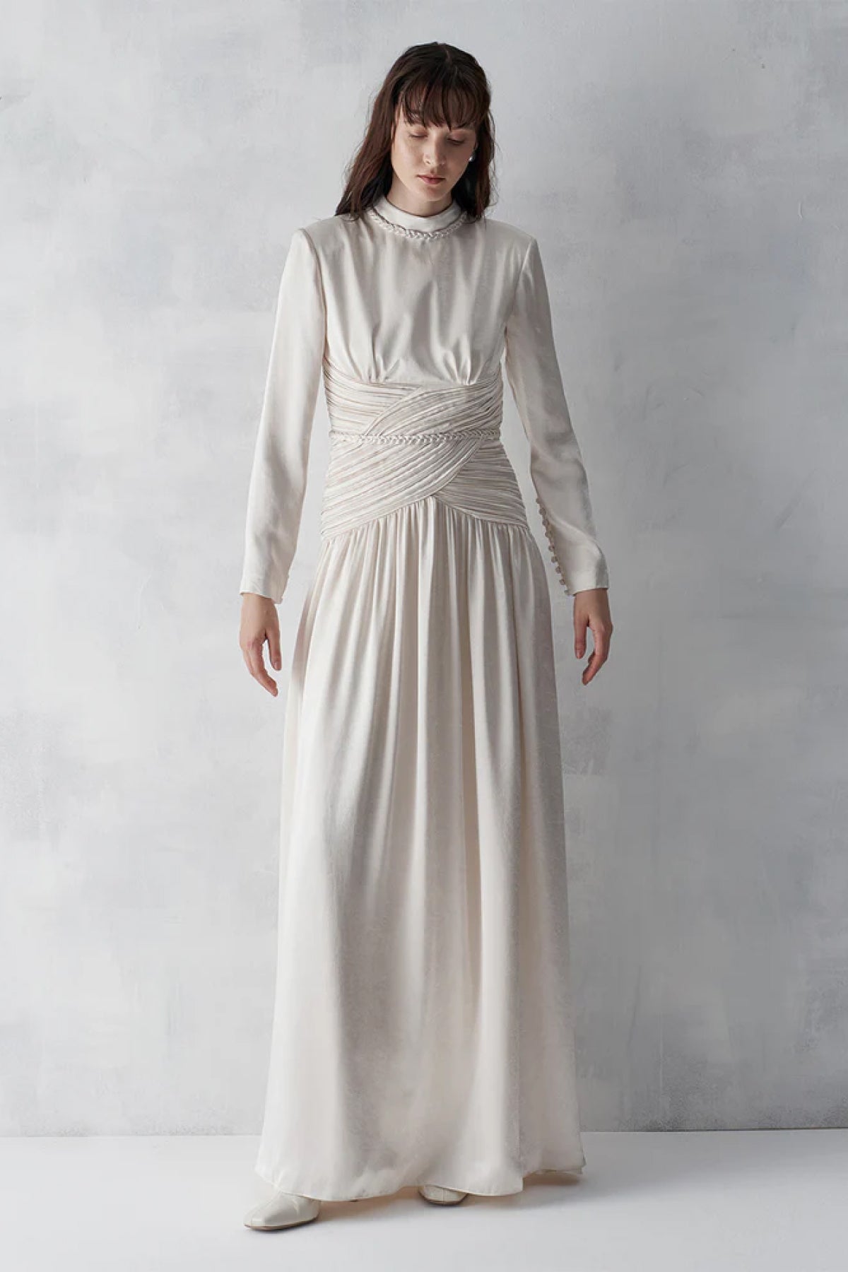 Beli Drapeli Büzgülü Uzun Abiye Elbise