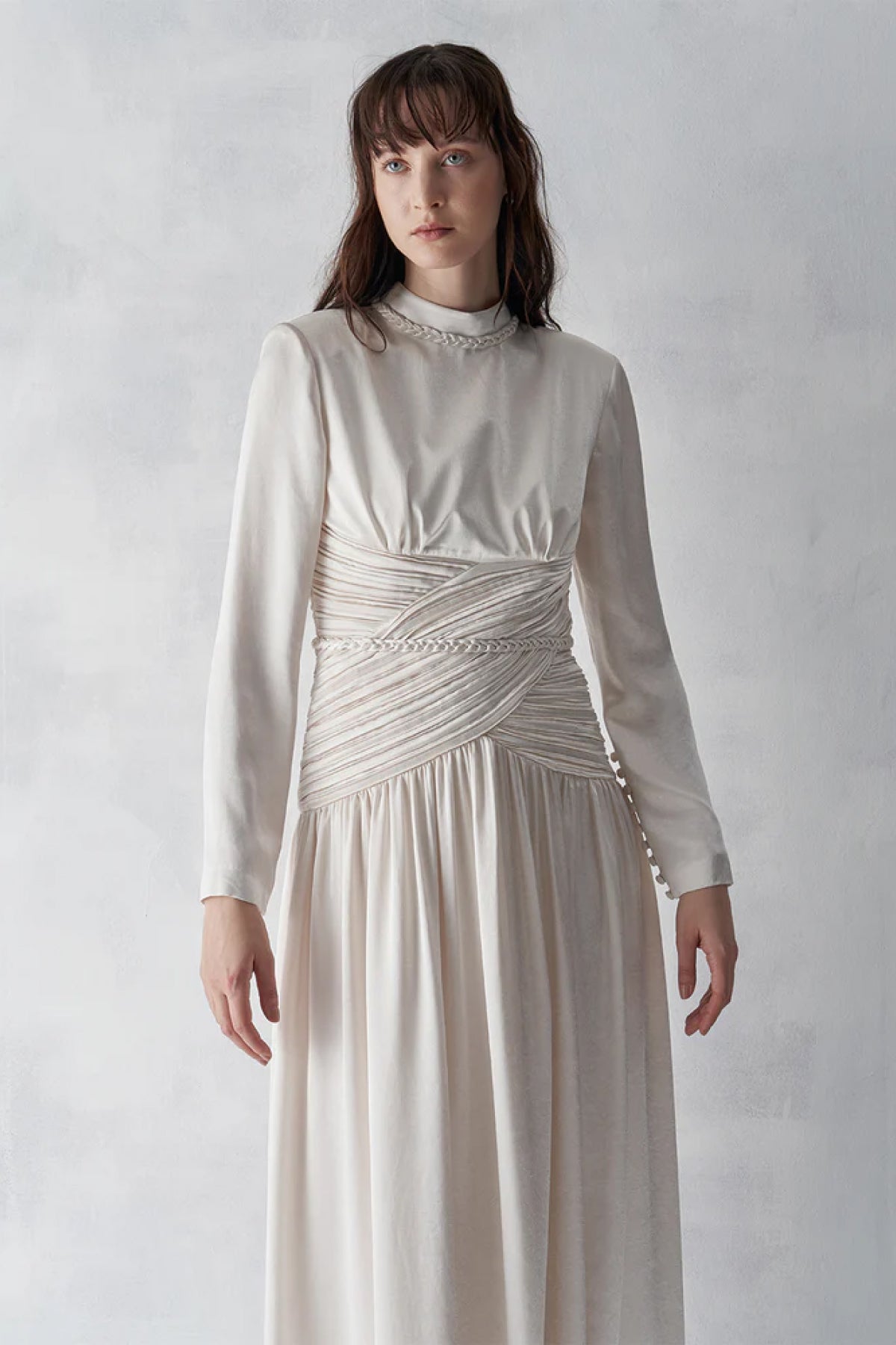 Beli Drapeli Büzgülü Uzun Abiye Elbise