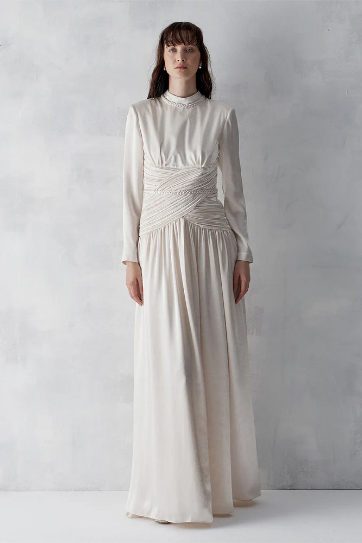 Beli Drapeli Büzgülü Uzun Abiye Elbise