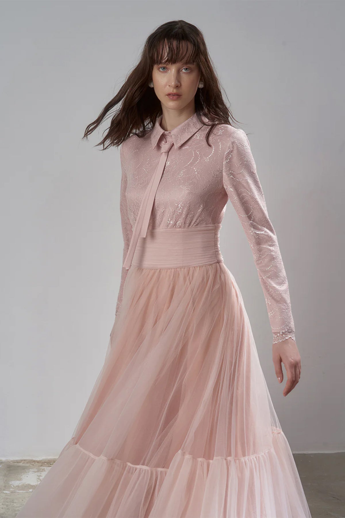 Drape Detaylı Tül Etekli Pudra Abiye Elbise