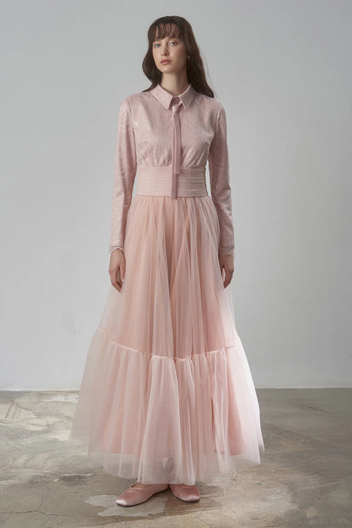 Drape Detaylı Tül Etekli Pudra Abiye Elbise