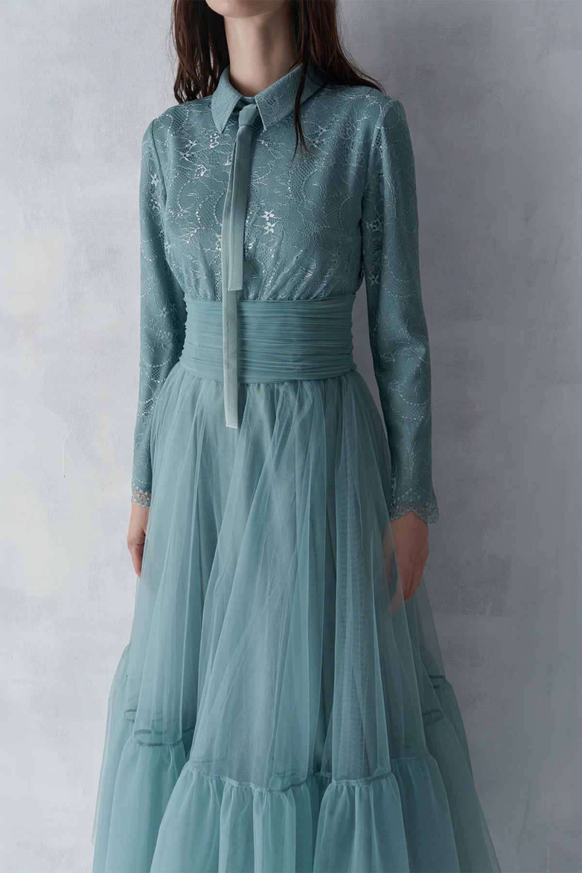 Drape Detaylı Tül Etekli Abiye Elbise