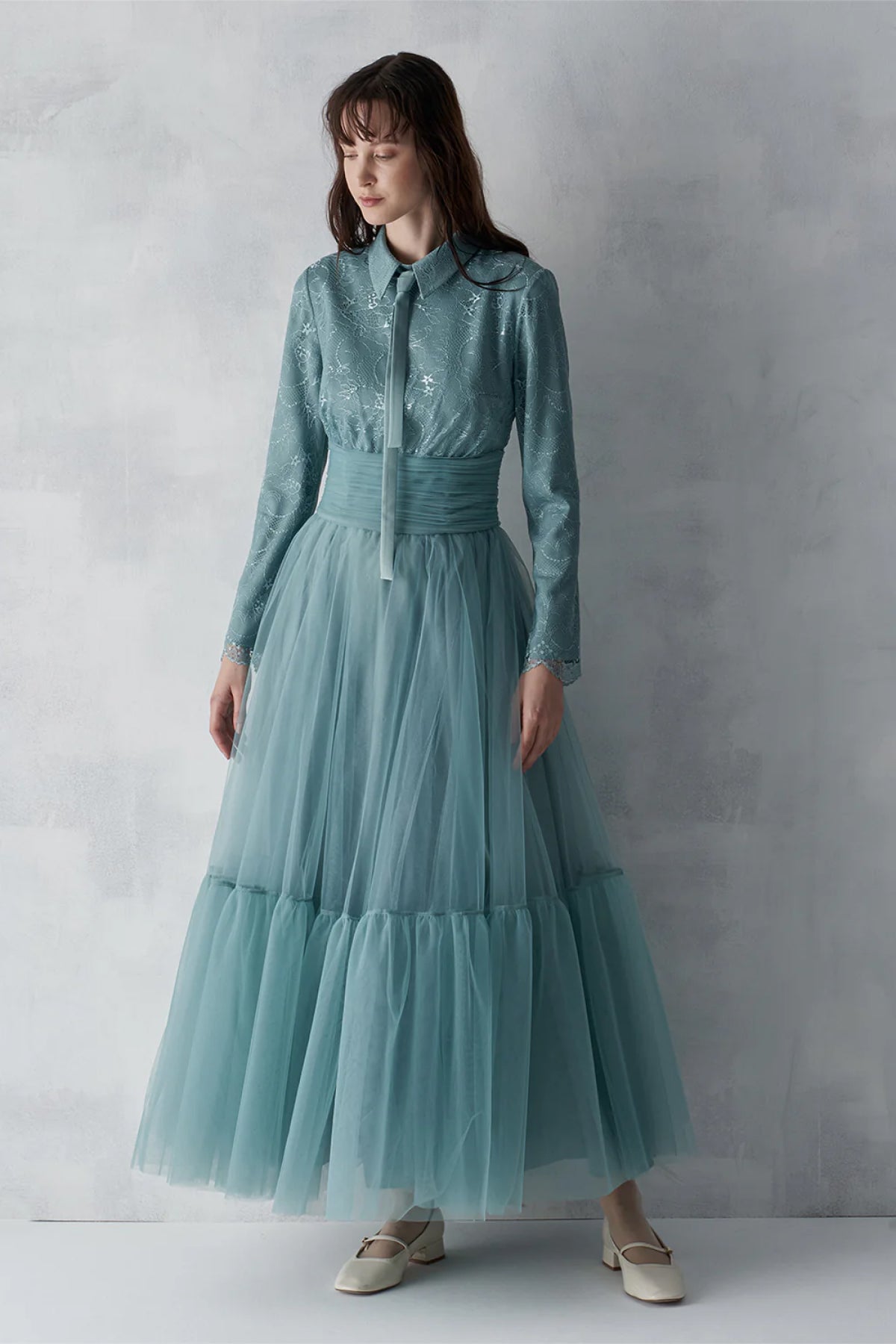 Drape Detaylı Tül Etekli Abiye Elbise