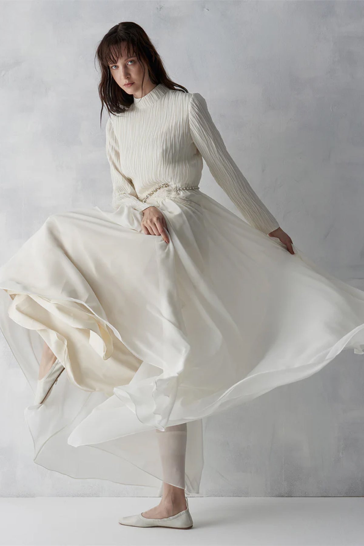 Üstü Piliseli Taş İşlemeli Uzun Abiye Elbise