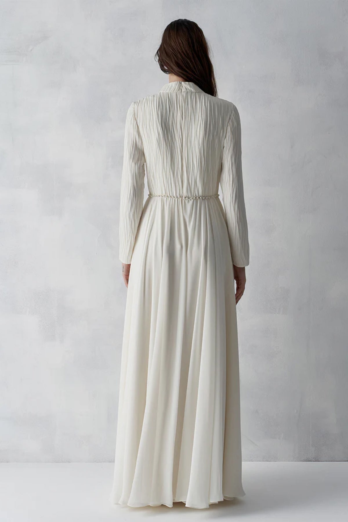 Üstü Piliseli Taş İşlemeli Uzun Abiye Elbise