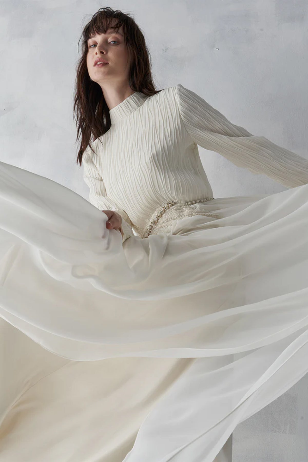 Üstü Piliseli Taş İşlemeli Uzun Abiye Elbise