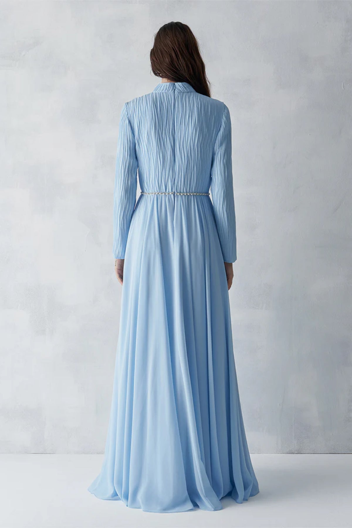 Üstü Piliseli Taş İşlemeli Uzun Abiye Elbise