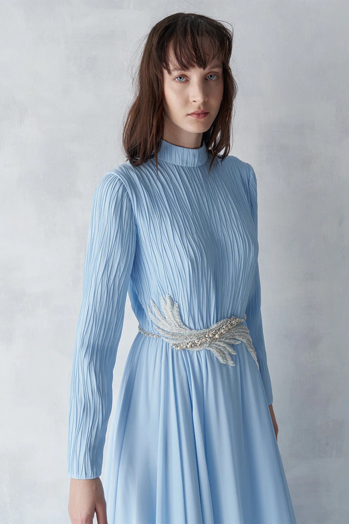 Üstü Piliseli Taş İşlemeli Uzun Abiye Elbise