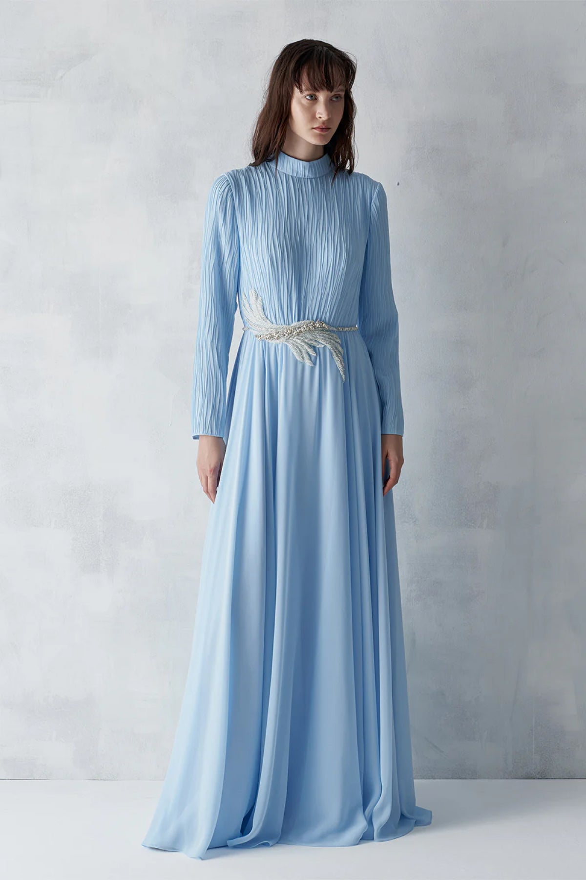 Üstü Piliseli Taş İşlemeli Uzun Abiye Elbise