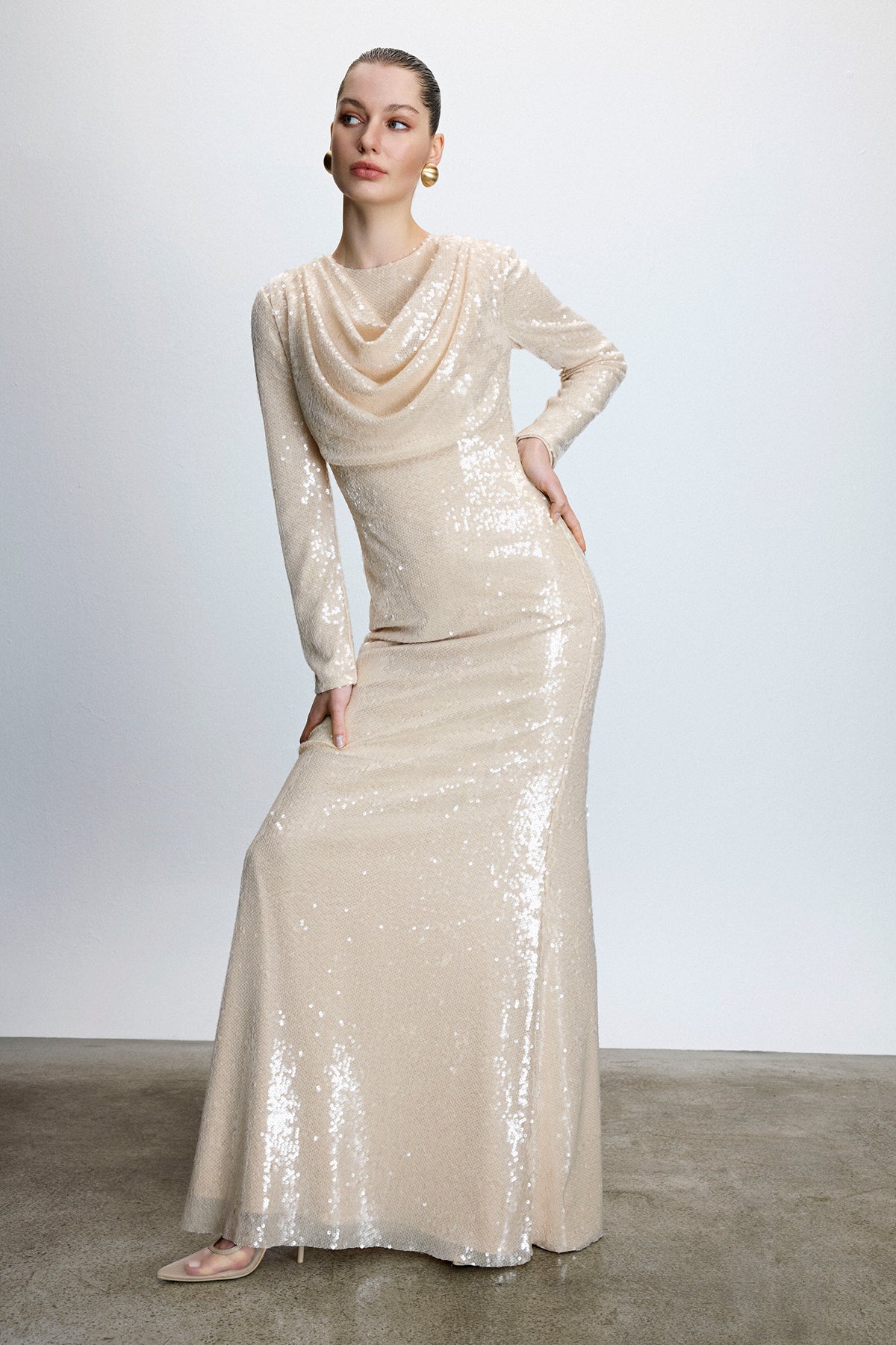 Drape Detaylı Pul Payetli Abiye Elbise