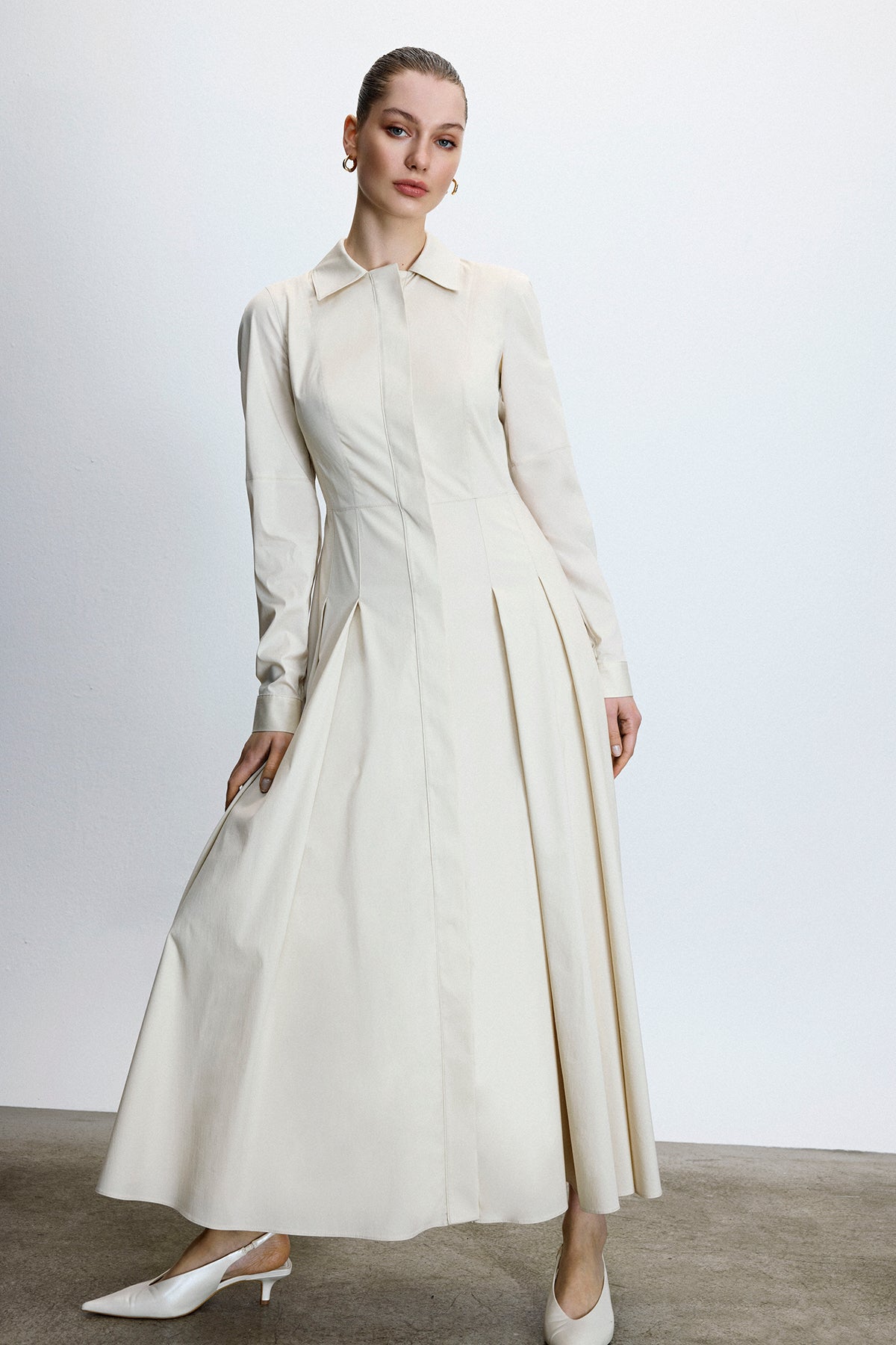 Gömlek Yaka Bel Kuşaklı Midi Elbise