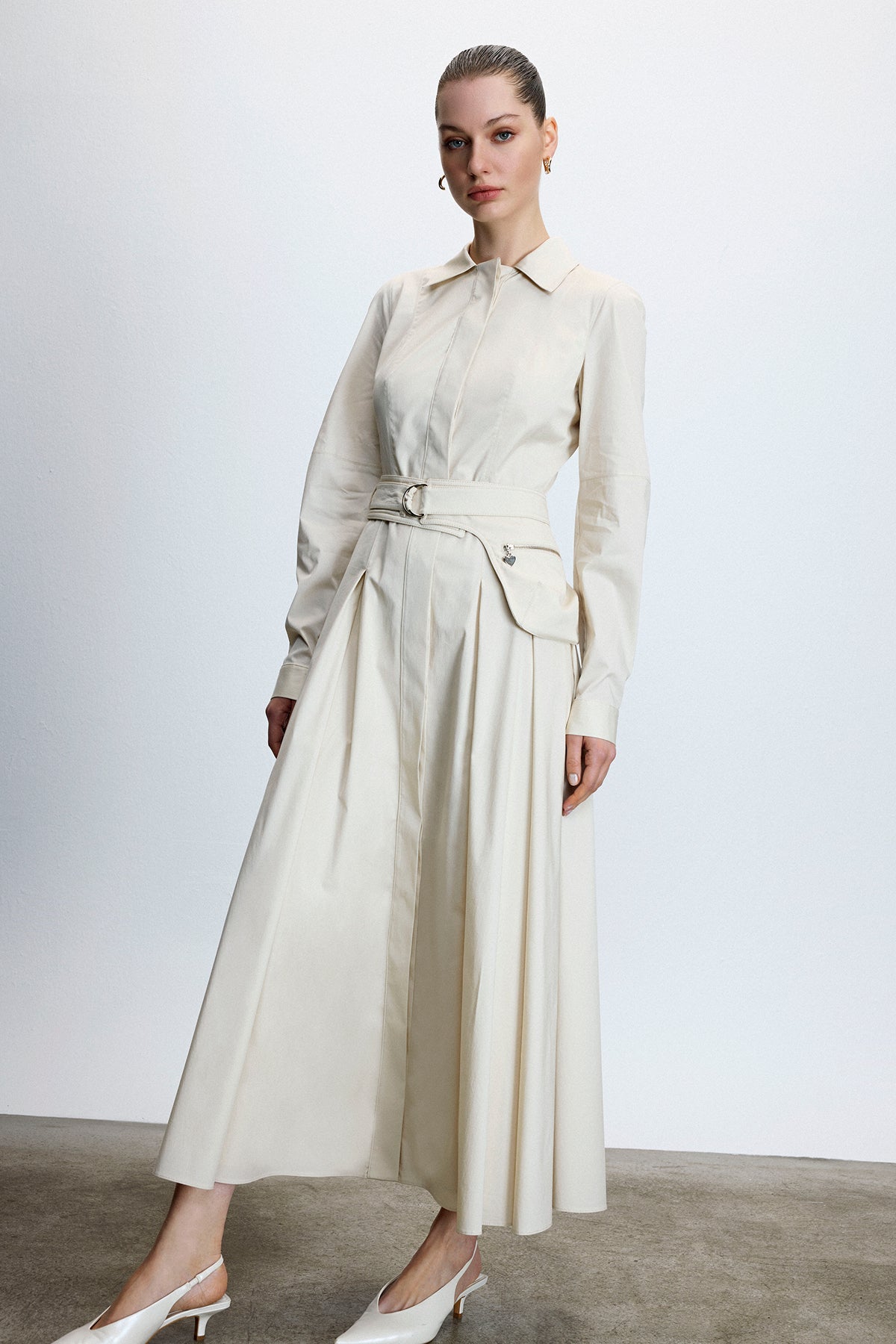 Gömlek Yaka Bel Kuşaklı Midi Elbise