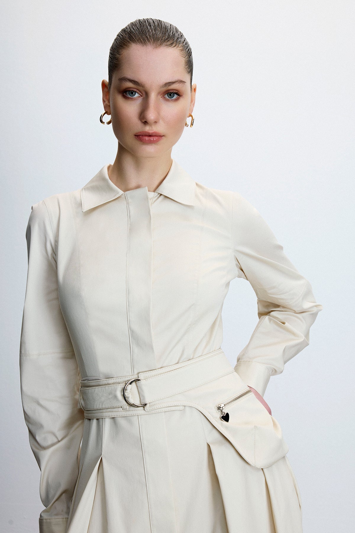 Gömlek Yaka Bel Kuşaklı Midi Elbise