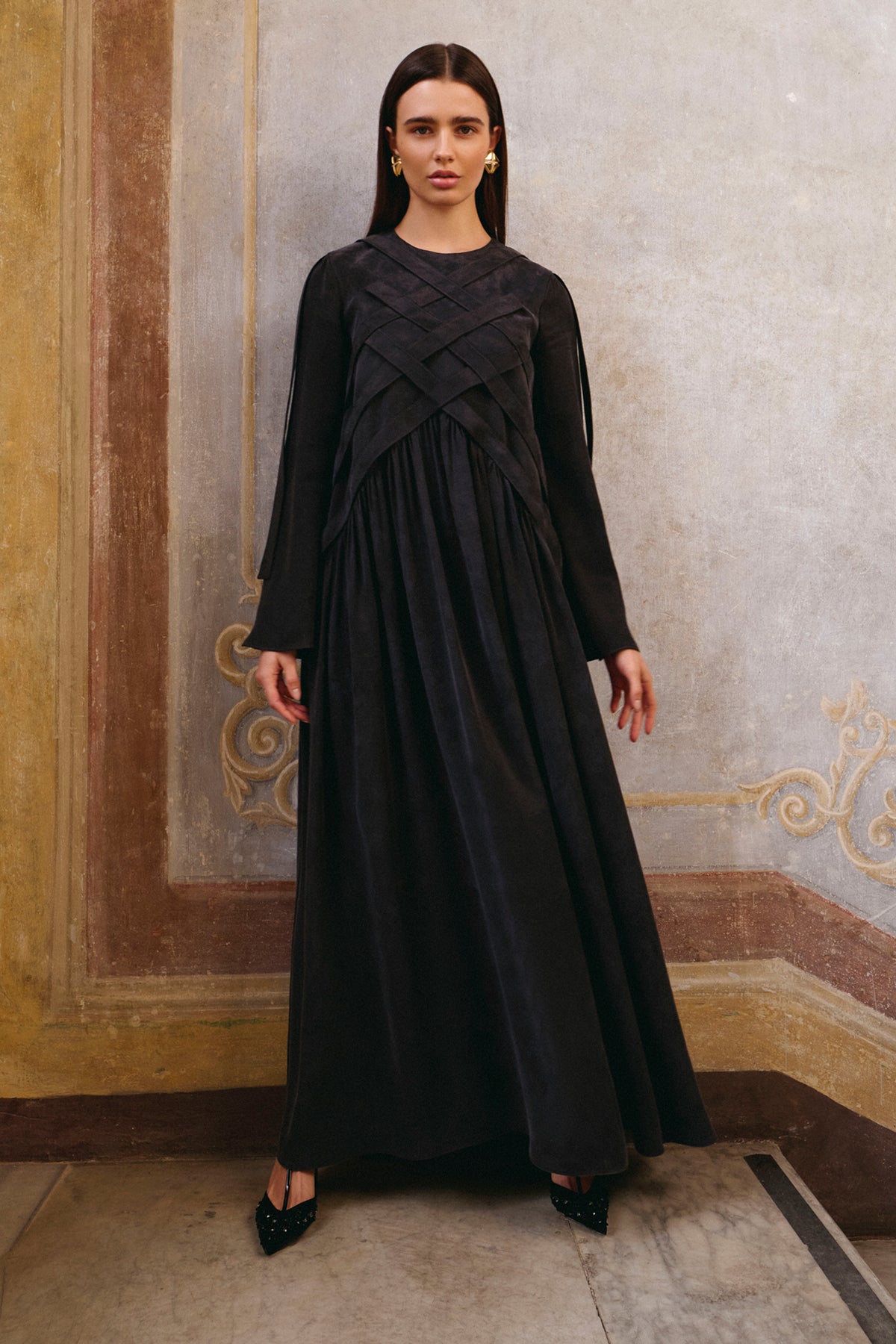 Çapraz Dikiş Detaylı Uzun Tencel Elbise