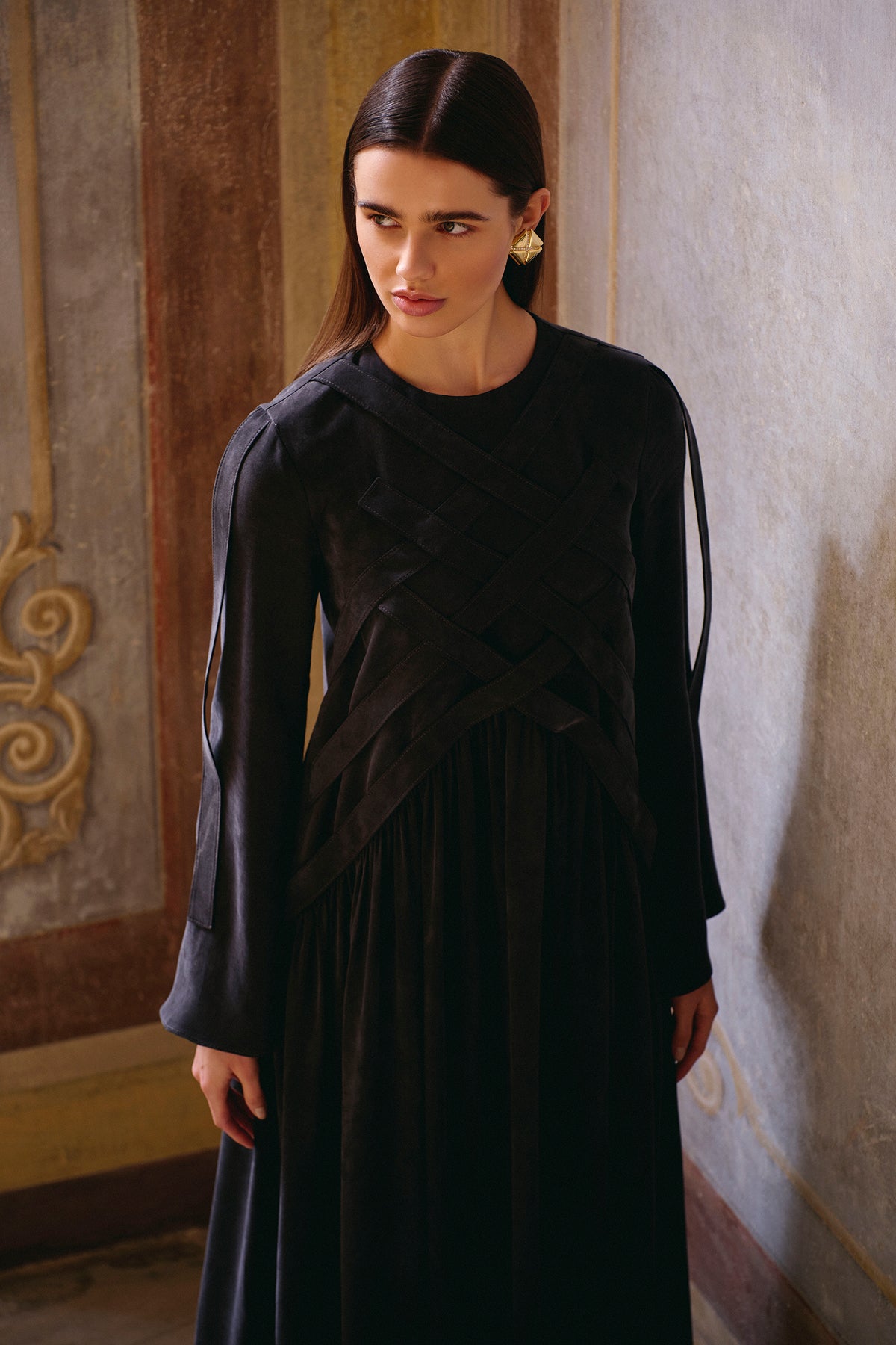 Çapraz Dikiş Detaylı Uzun Tencel Elbise