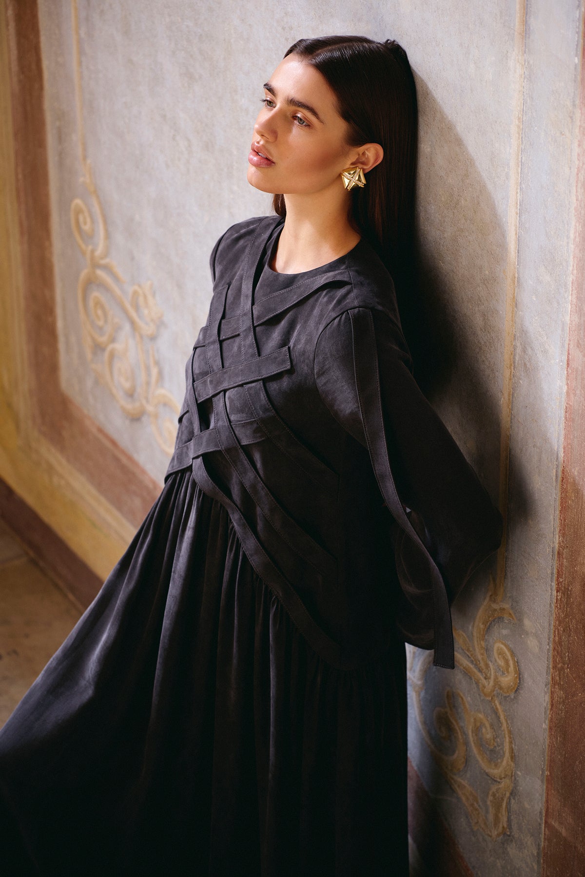 Çapraz Dikiş Detaylı Uzun Tencel Elbise