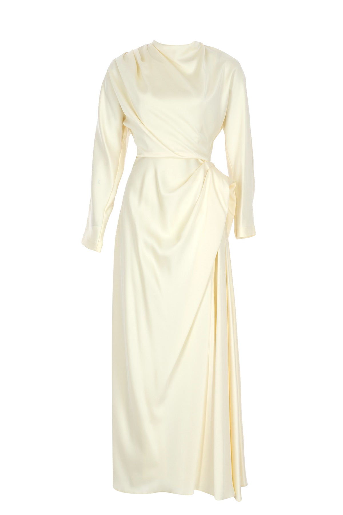 Asimetrik Drapeli Yüksek Yaka Saten Uzun Abiye Elbise