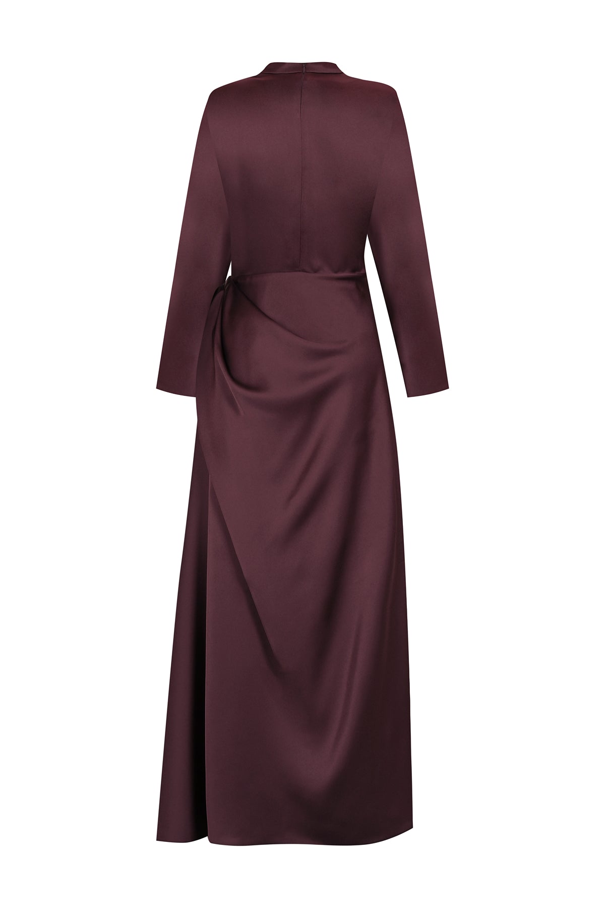 Asimetrik Drapeli Yüksek Yaka Saten Uzun Abiye Elbise