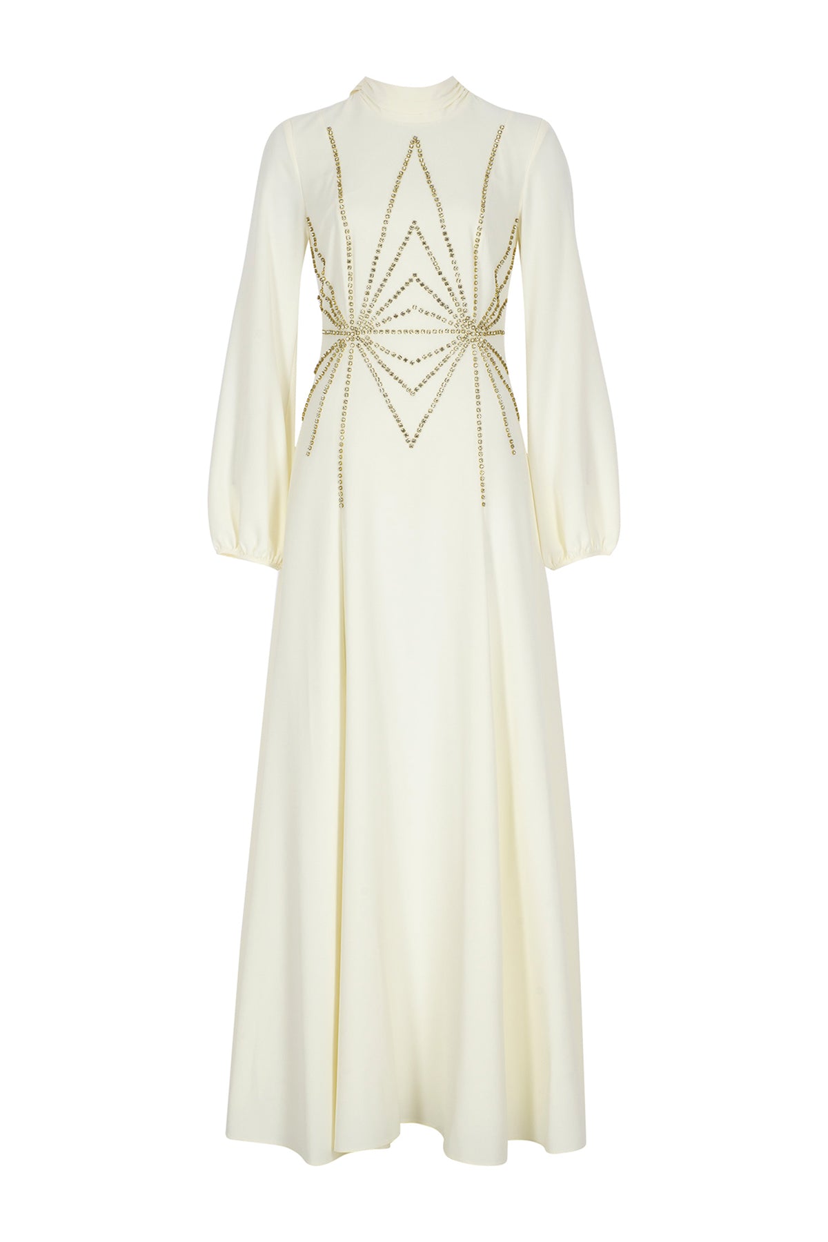 Geometrik Taş İşlemeli Yüksek Yaka Uzun Abiye Elbise