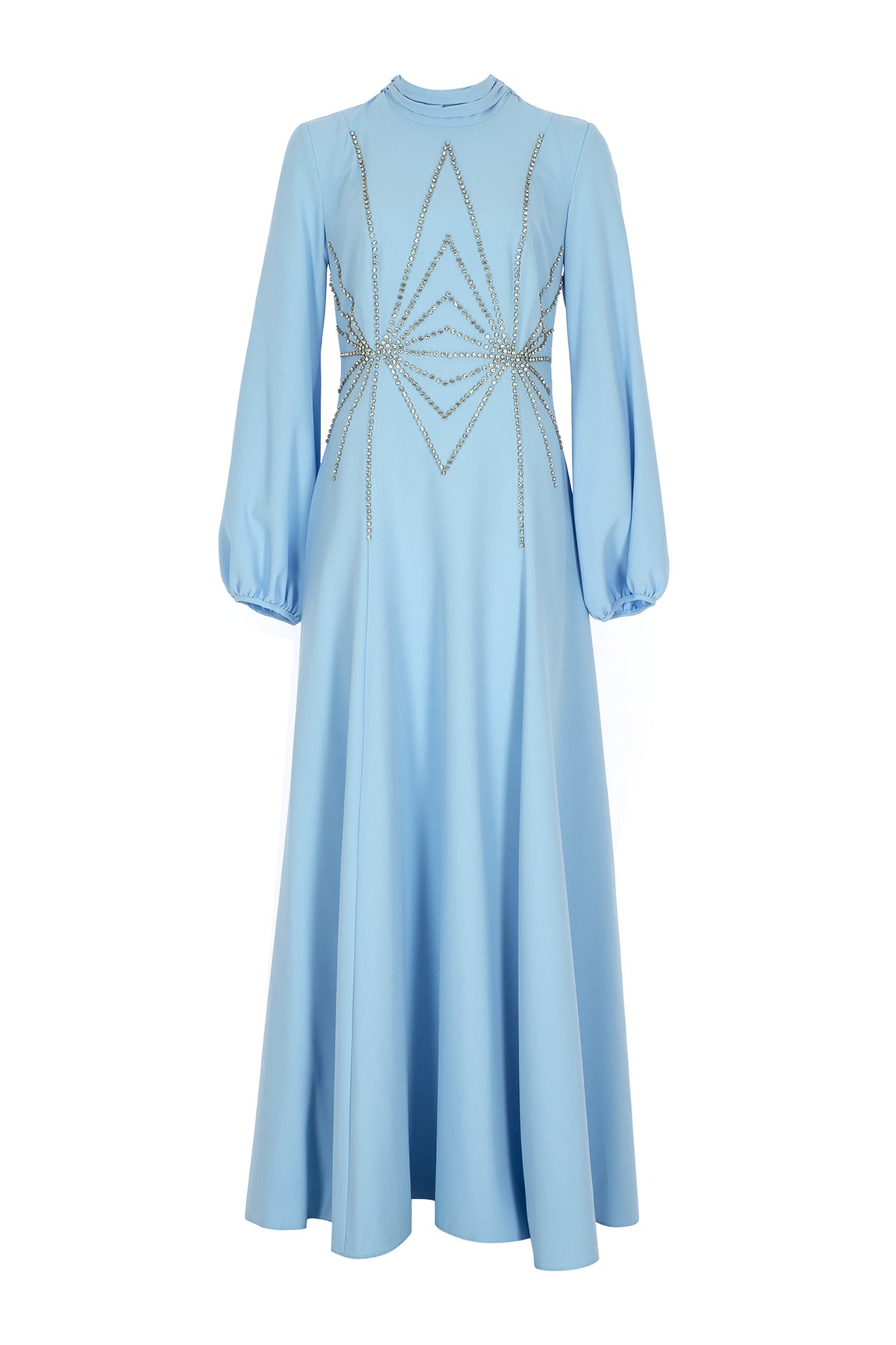 Geometrik Taş İşlemeli Yüksek Yaka Uzun Abiye Elbise