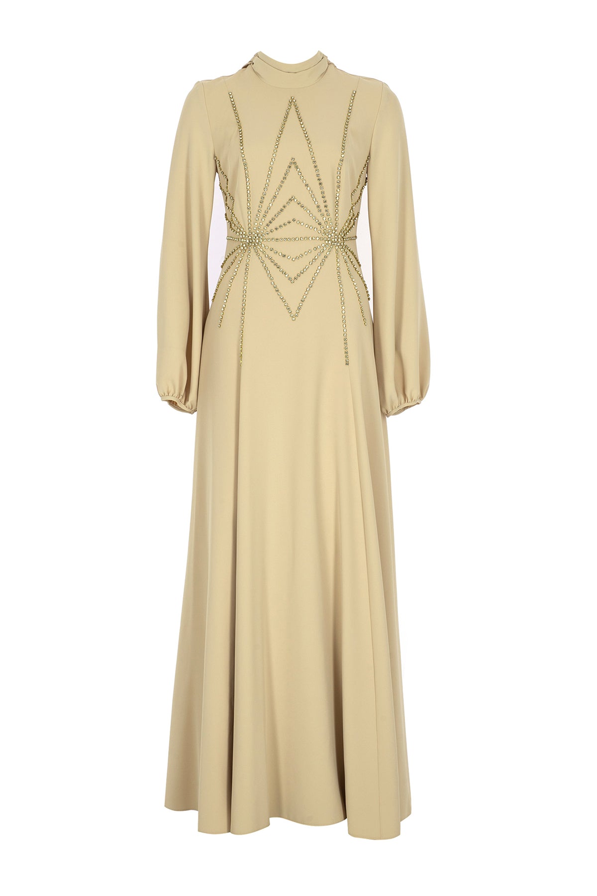 Geometrik Taş İşlemeli Yüksek Yaka Uzun Abiye Elbise