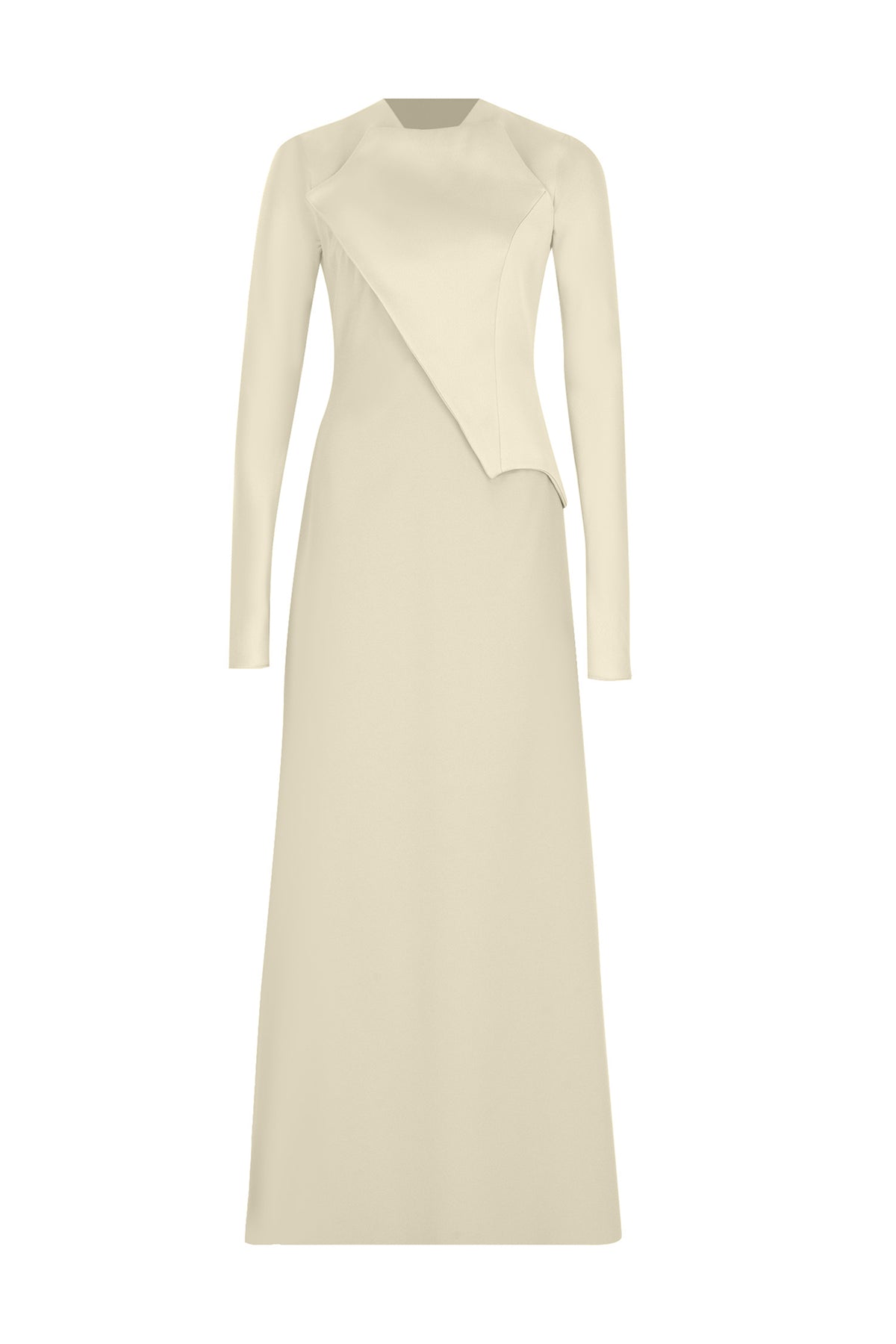 Saten Asimetrik Detaylı Uzun Kollu Abiye Elbise