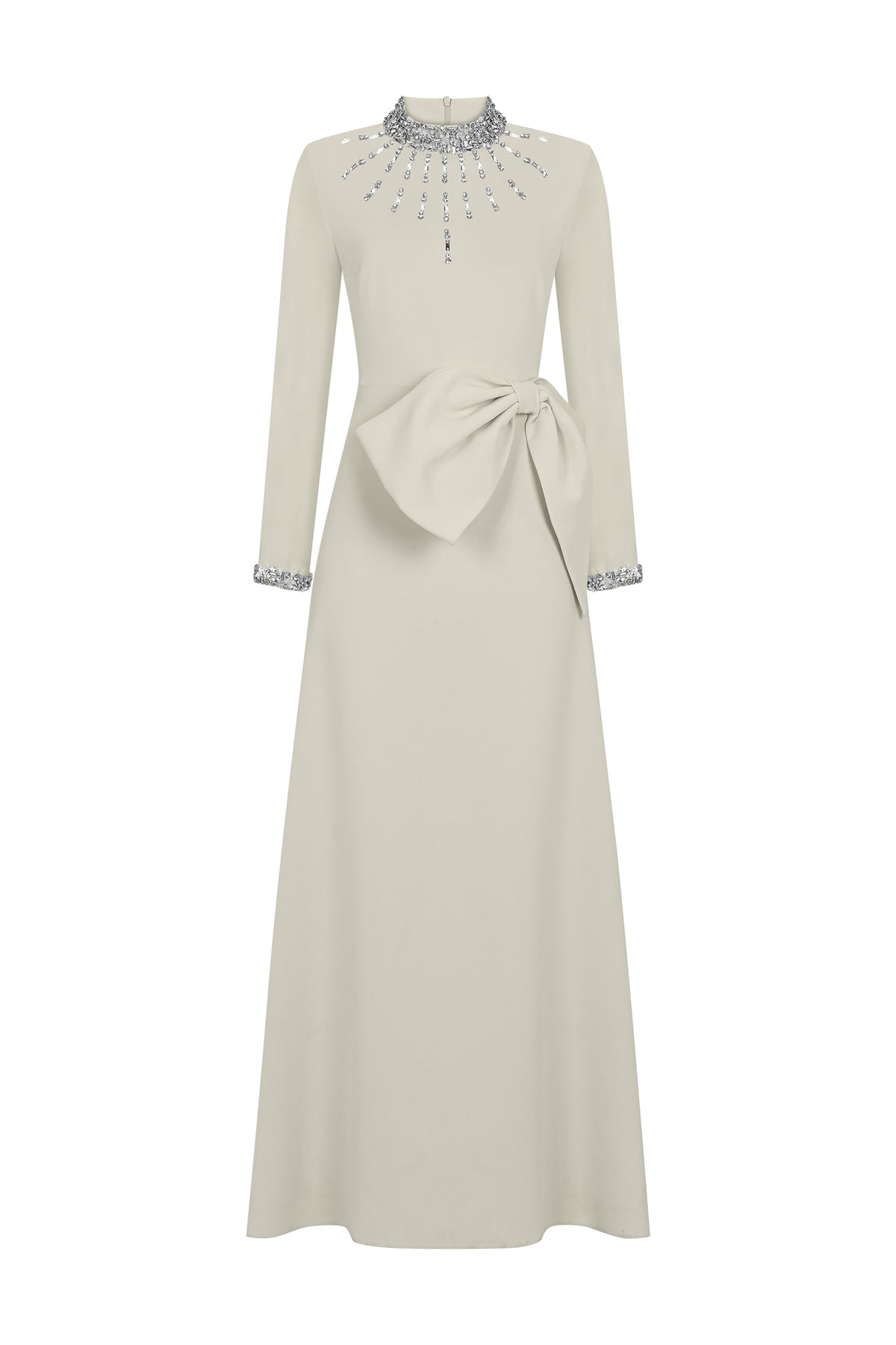 Taş İşlemeli Fiyonklu Uzun Abiye Elbise