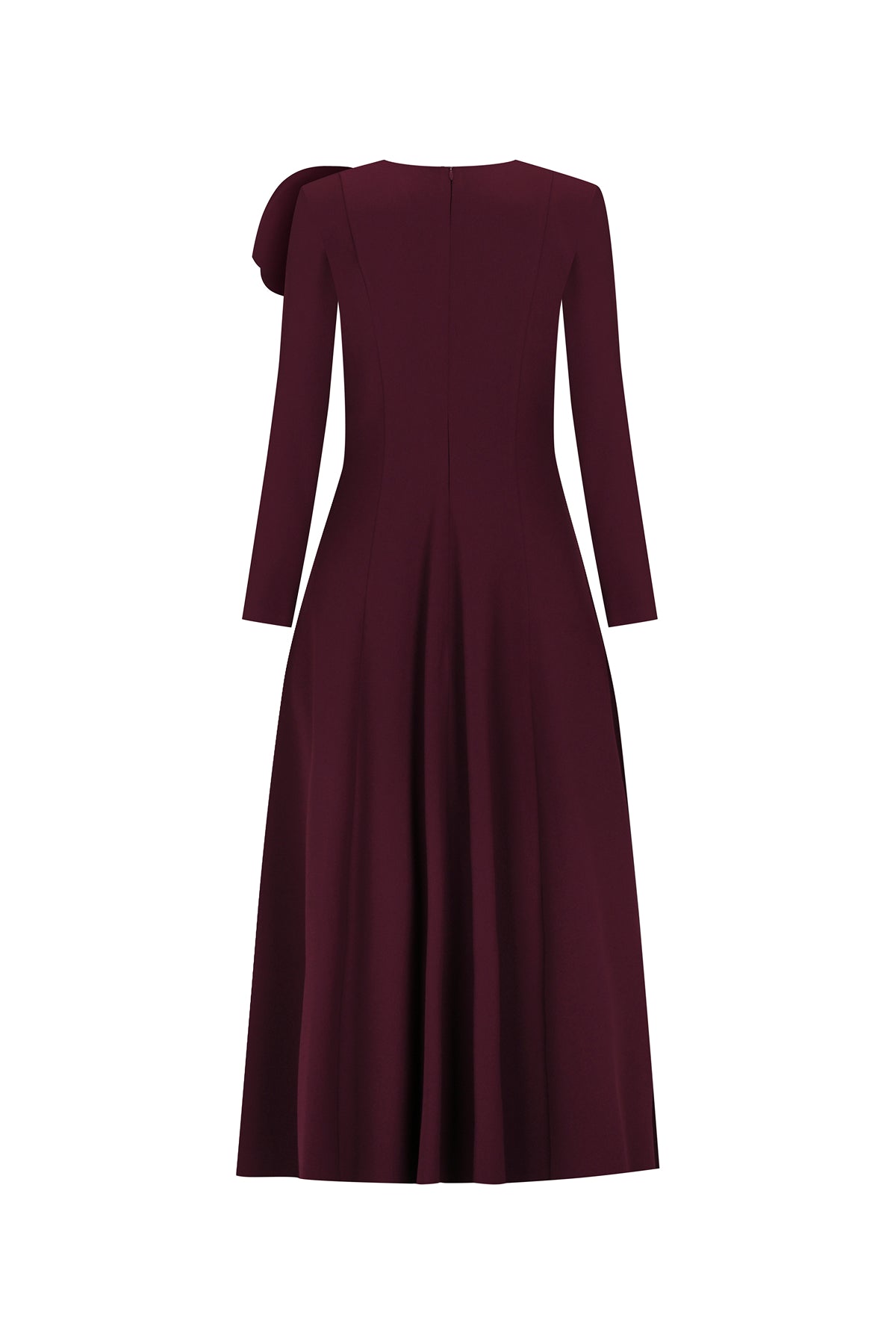 Uzun Kollu Asimetrik Fiyonk Detaylı Midi Elbise