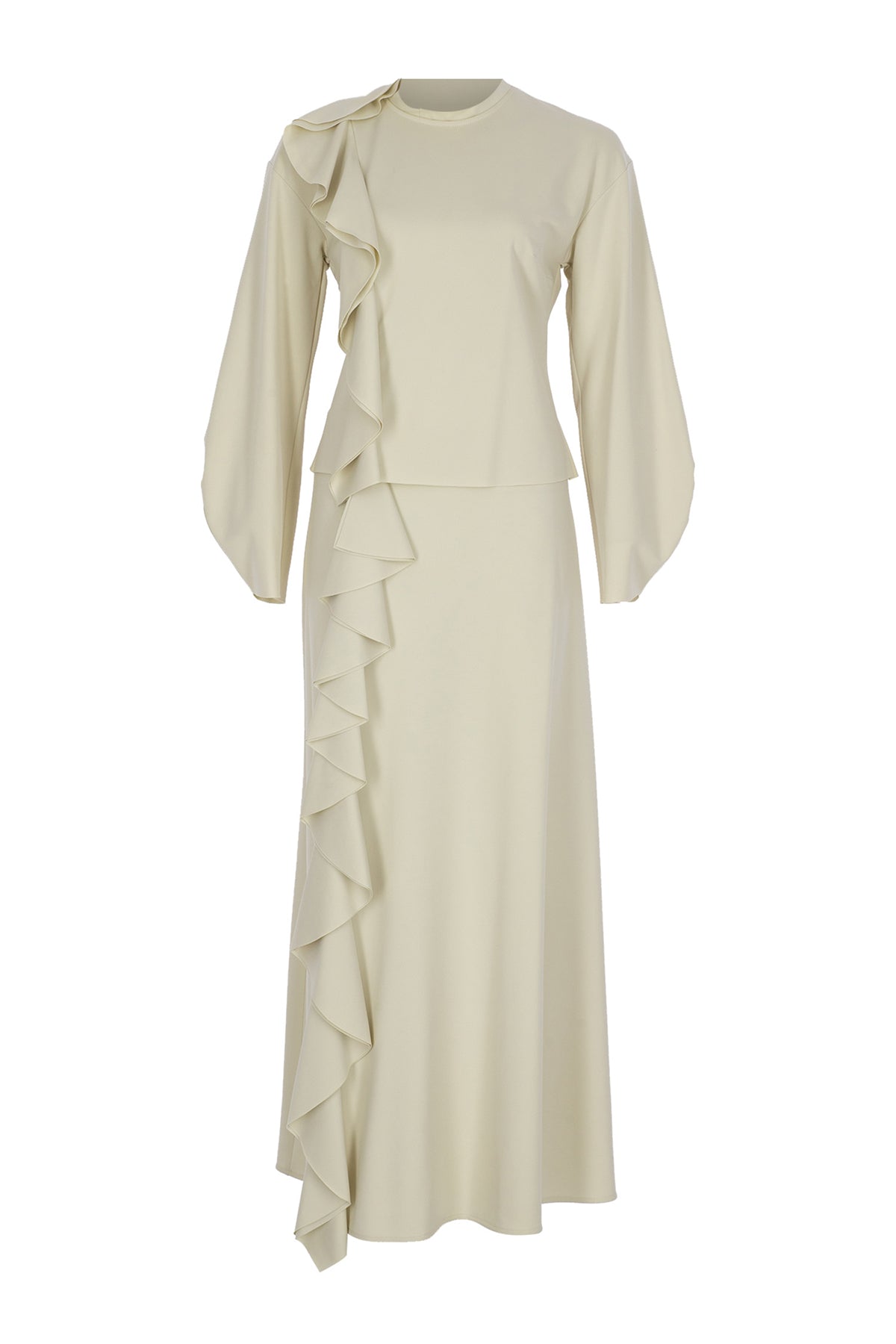 Volanlı Yüksek Yaka Bluz Etek Takım