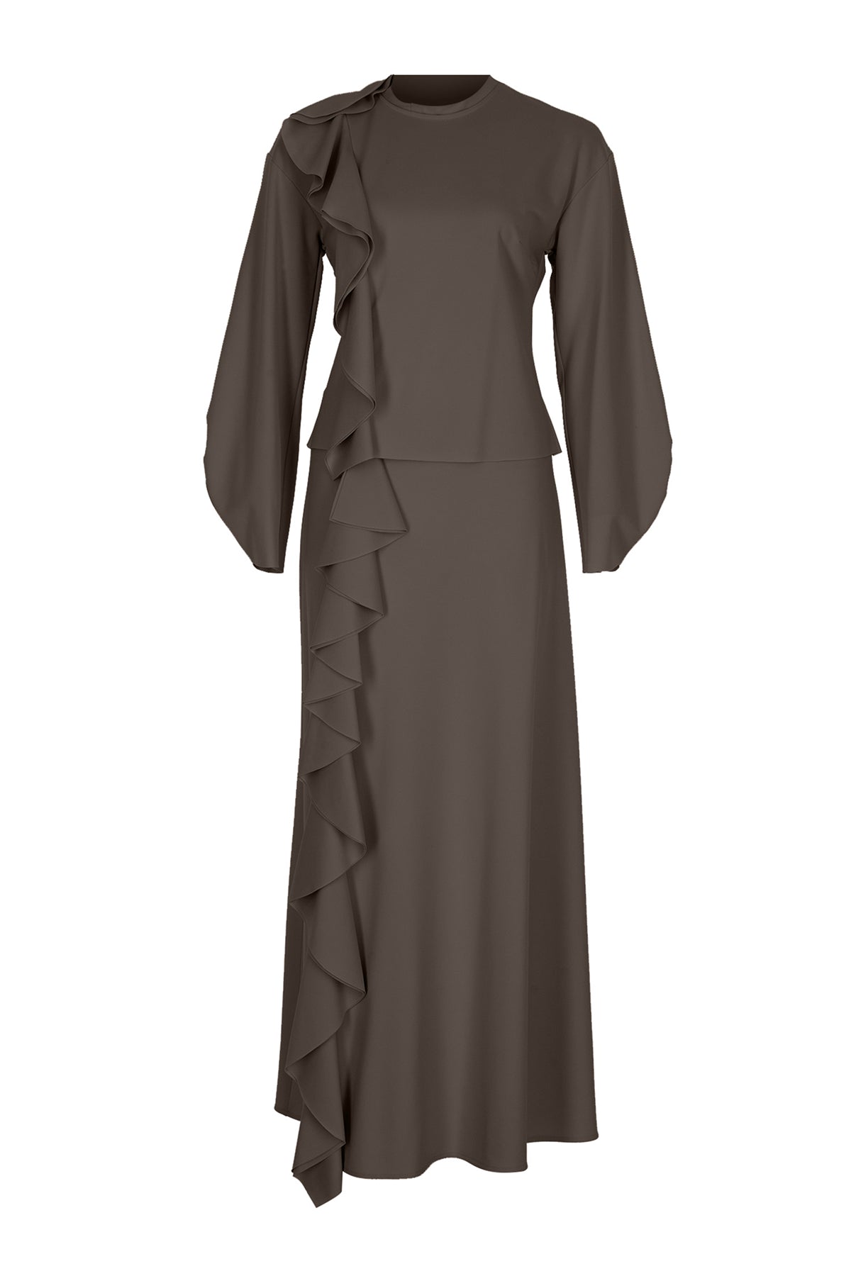 Volanlı Yüksek Yaka Bluz Etek Takım