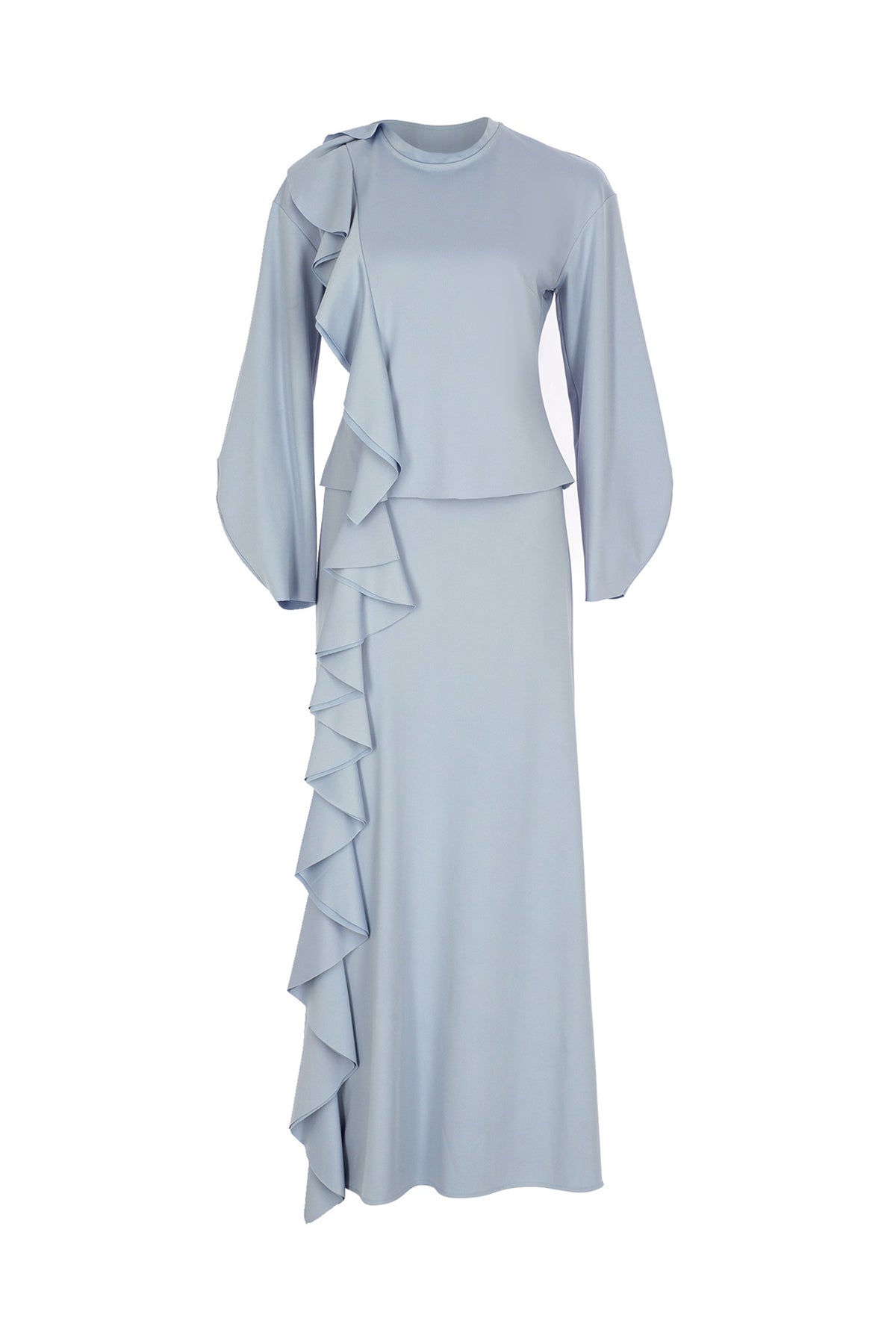 Volanlı Yüksek Yaka Bluz Etek Takım