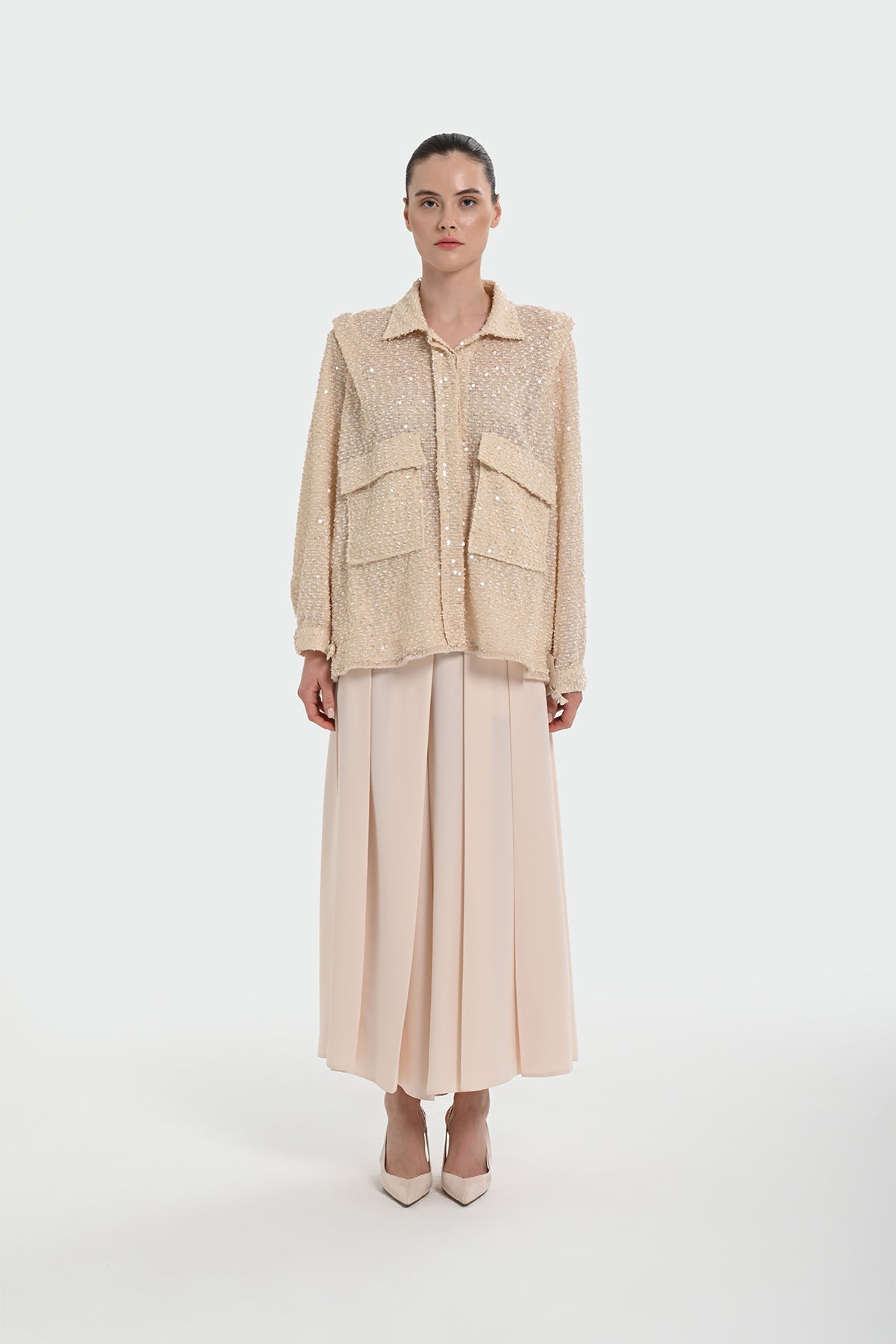 Pile Detaylı Geniş Paça Pantolon