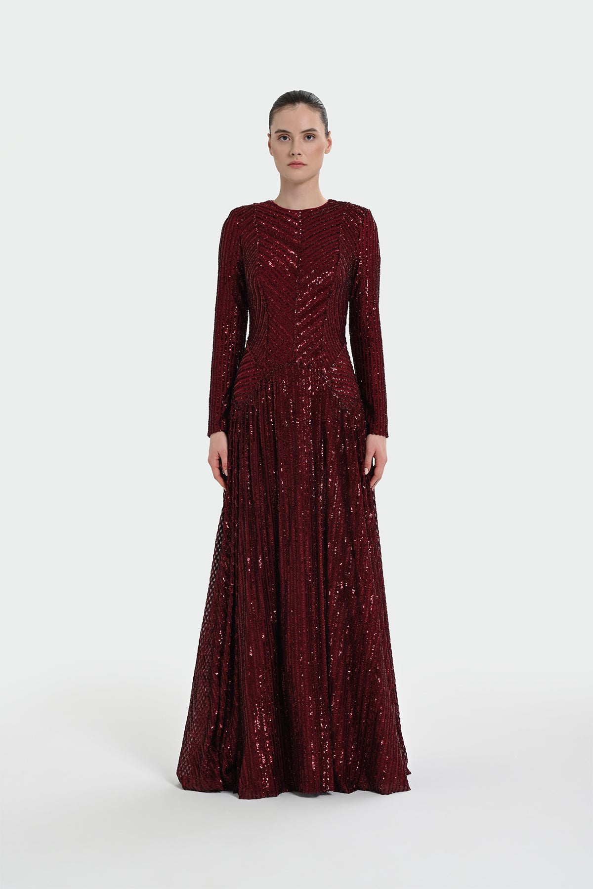 Uzun Kollu Payet Detaylı Abiye Elbise