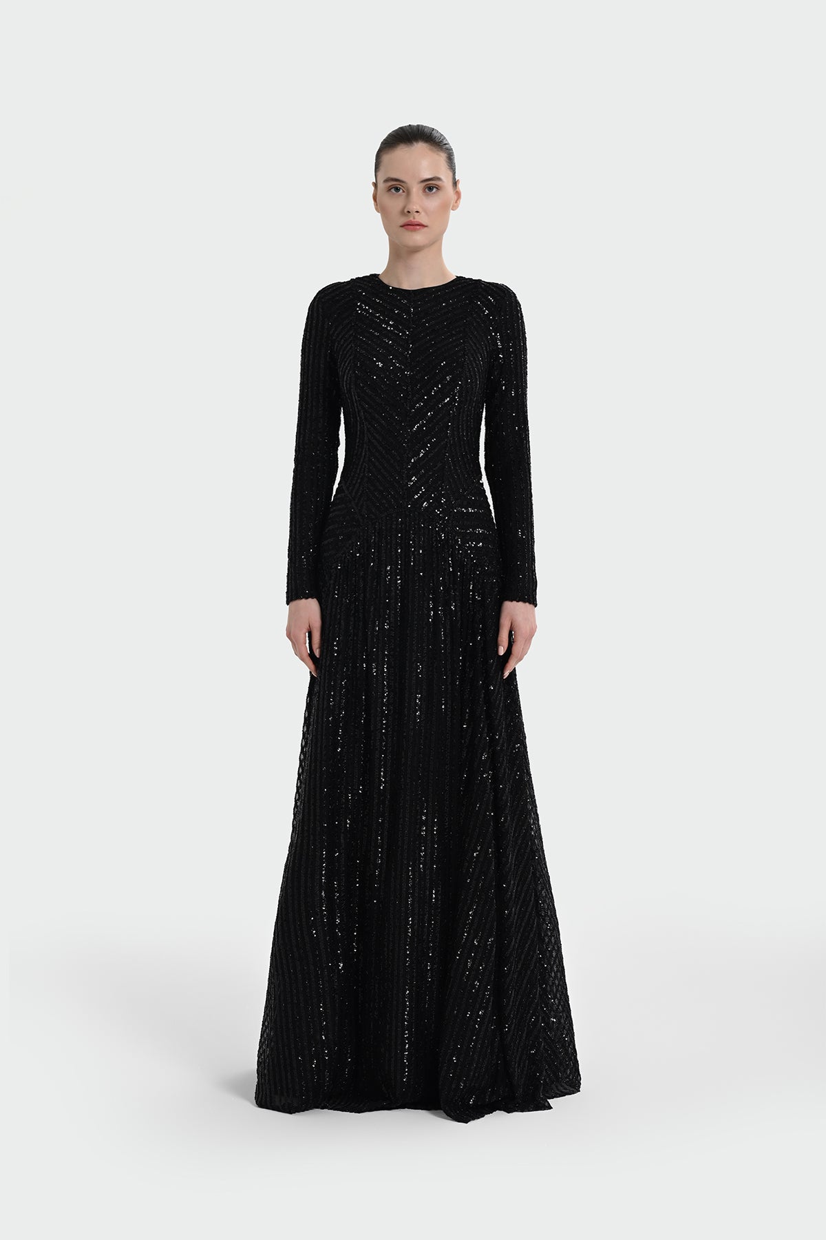 Uzun Kollu Payet Detaylı Abiye Elbise