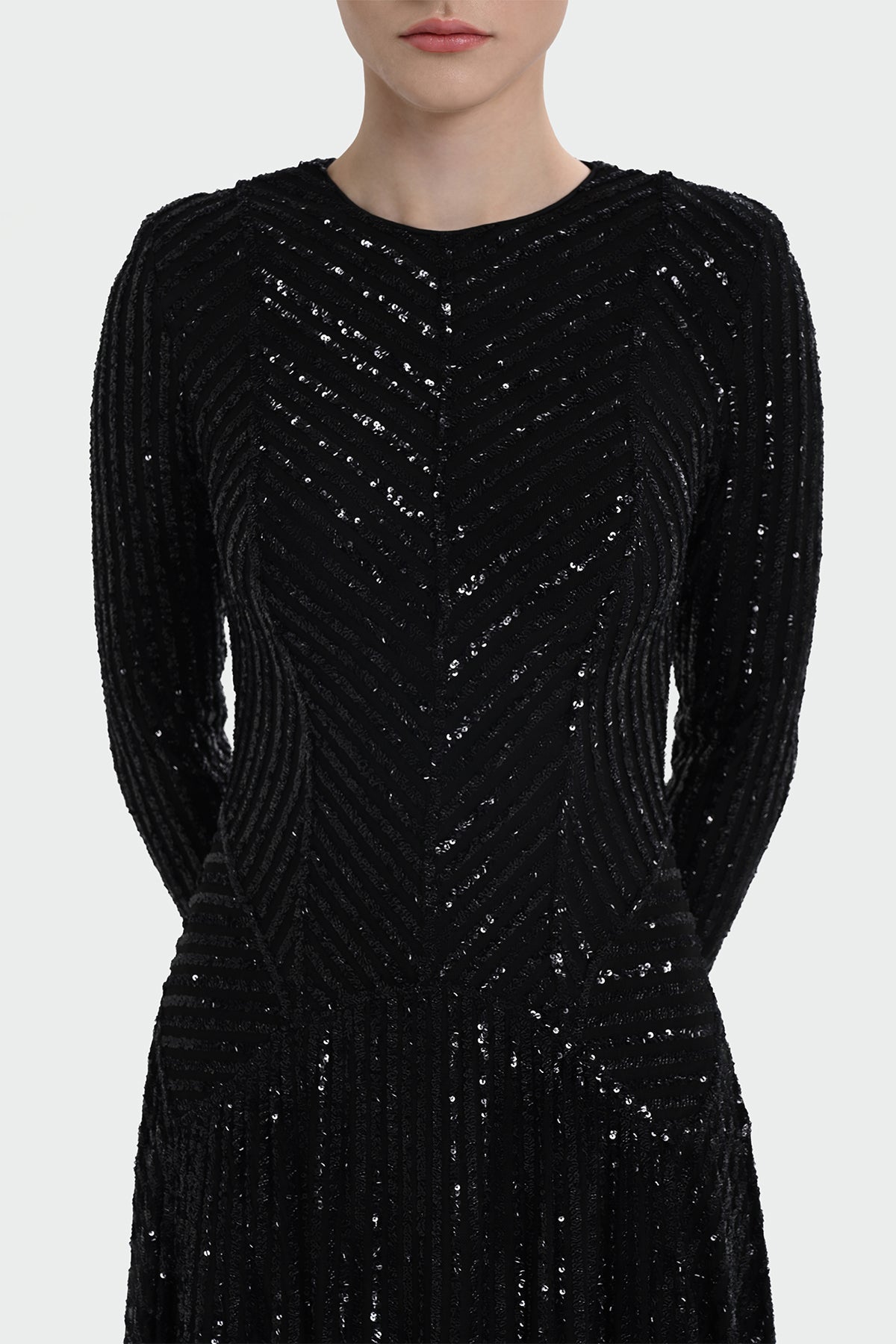 Uzun Kollu Payet Detaylı Abiye Elbise