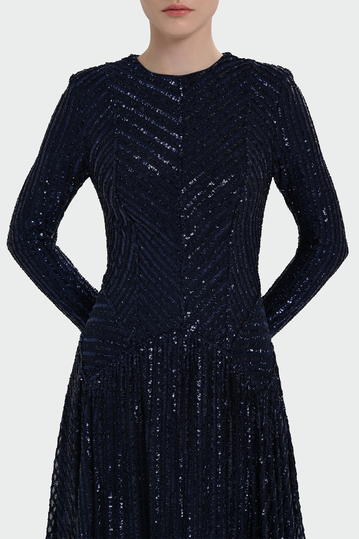 Uzun Kollu Payet Detaylı Abiye Elbise