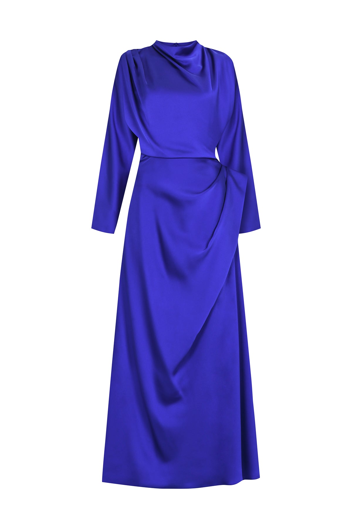 Asimetrik Drapeli Yüksek Yaka Saten Uzun Abiye Elbise