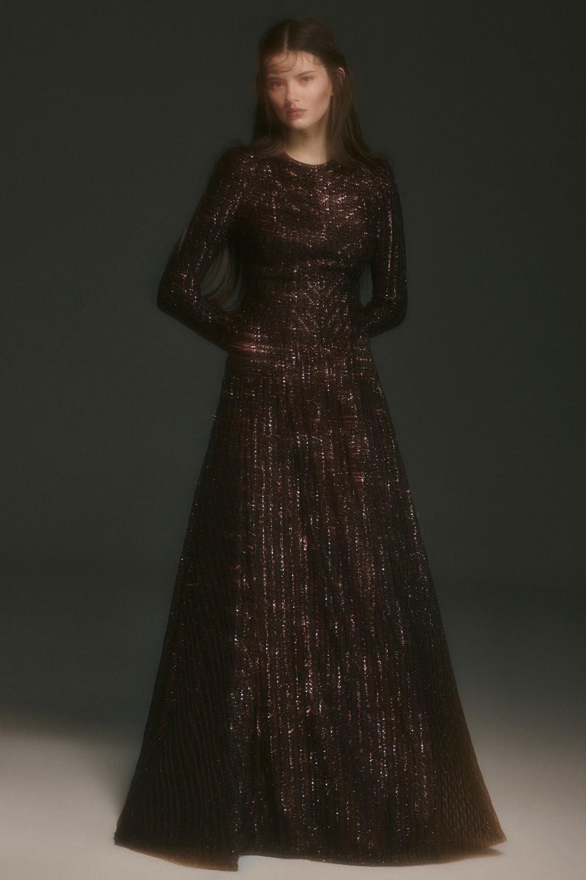 Uzun Kollu Payet Detaylı Abiye Elbise